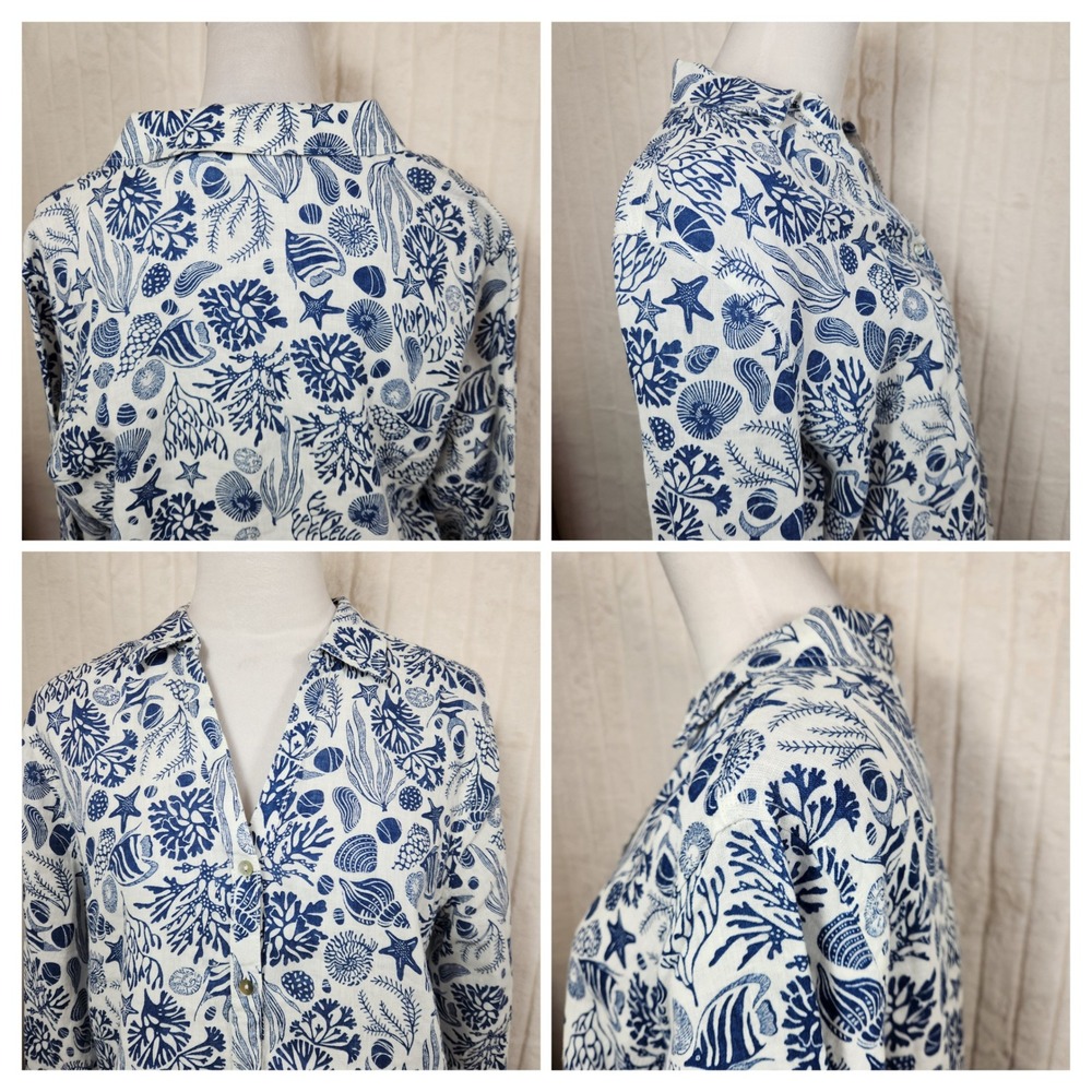 Sigrid Olsen Womens Top Blue White Coral Sea Life Print 100% Linen Button Down L - Picture 8 of 9